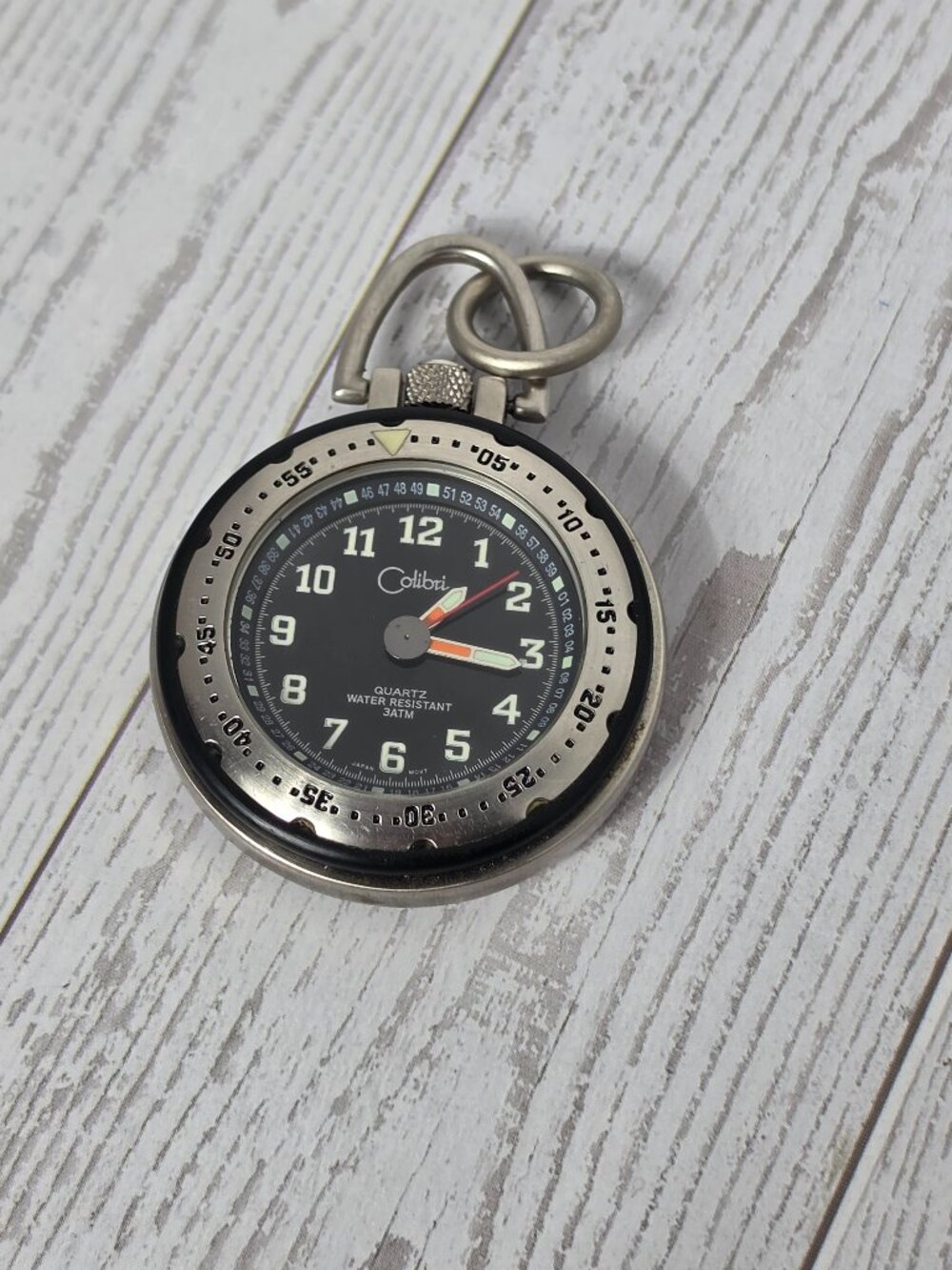 Vintage Colibri Quartz Clip Pocket Watch Black Dial Silver Tone Sports Coaches